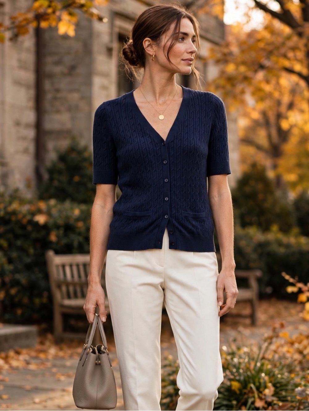 Talbots Petites 100% Pima Cotton Cable Knit Cardigan Navy Large